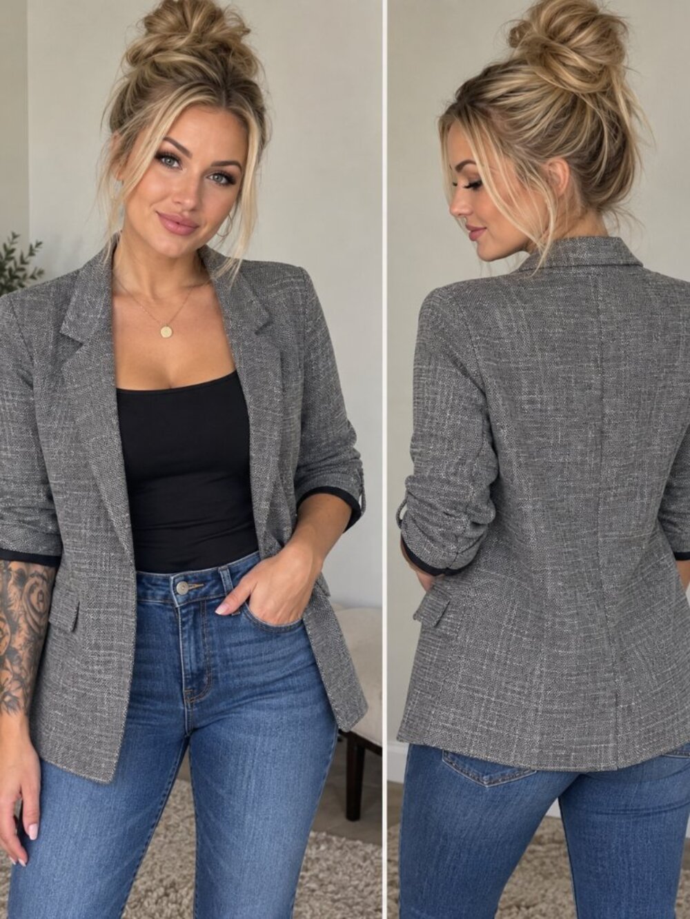 Skies Are Blue Gray Textured Ruched Sleeve Blazer Size M
